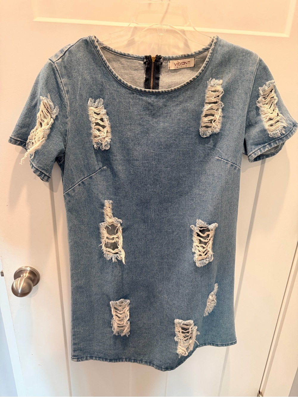 Vibrant MIU Medium Distressed Denim Mini Dress Made in USA Y2K